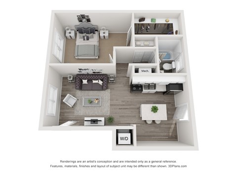 Floor plan for 1 bed, 1 bath, 750 sqft